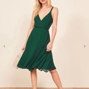 Light and airy Reformation wrap dress in gorgeous green